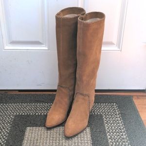 Light brown suede knee high boots for women
